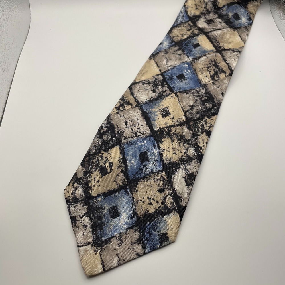 Emilio Rusconi Mens Silk Tie Abstract Geometric Blue Tan Made in Italy 4 Inch